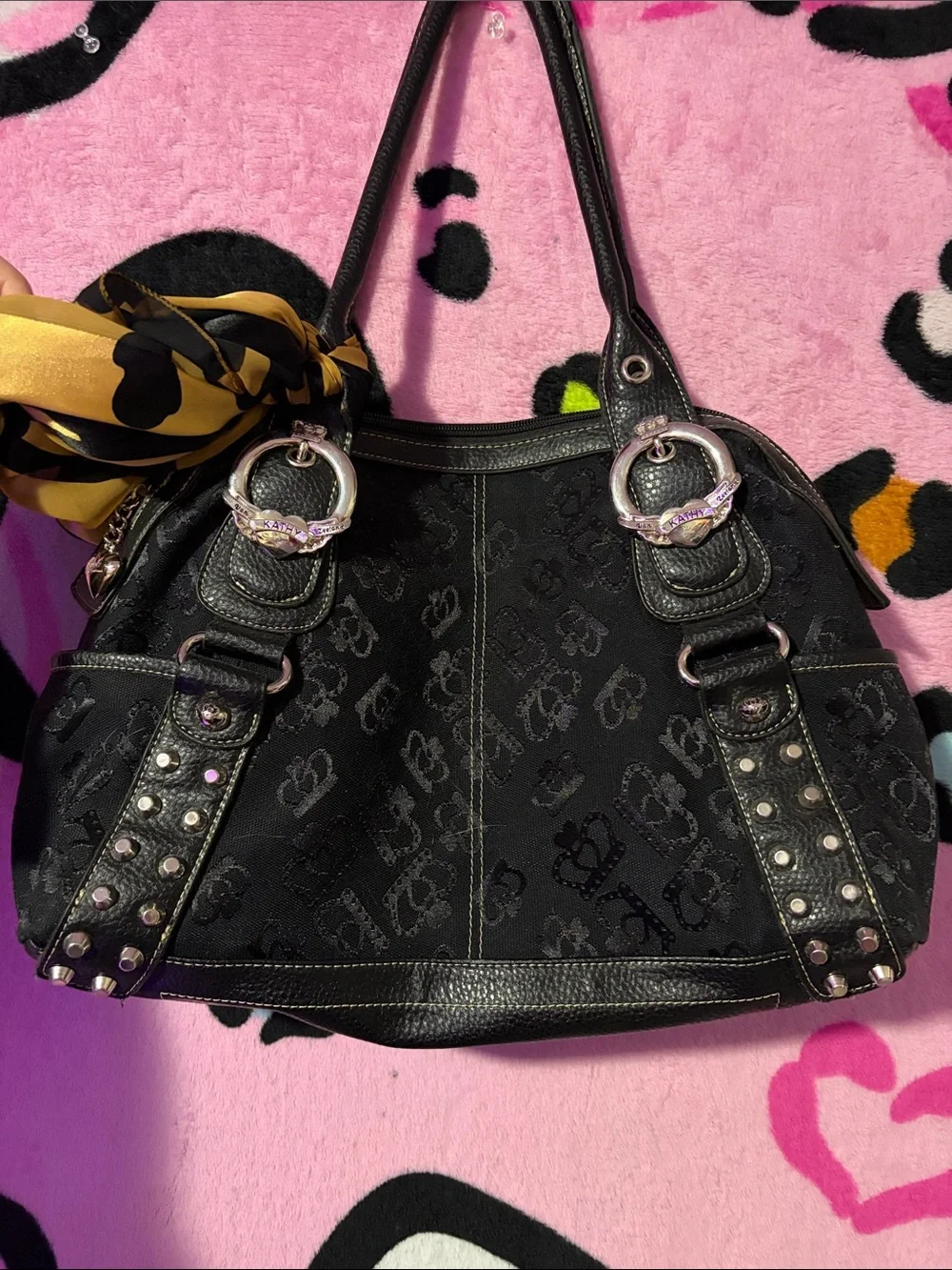 Kathy Van Zeeland Black Shoulder Bag with Gold-Black Scarf